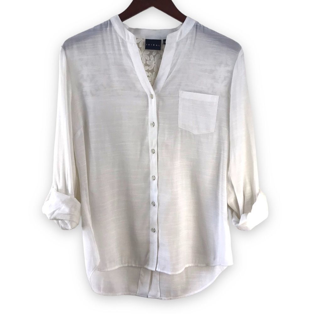Tribal Womens 8 Daisy Embroidered Roll Tab Sleeve Button Up White Coastal Beachy